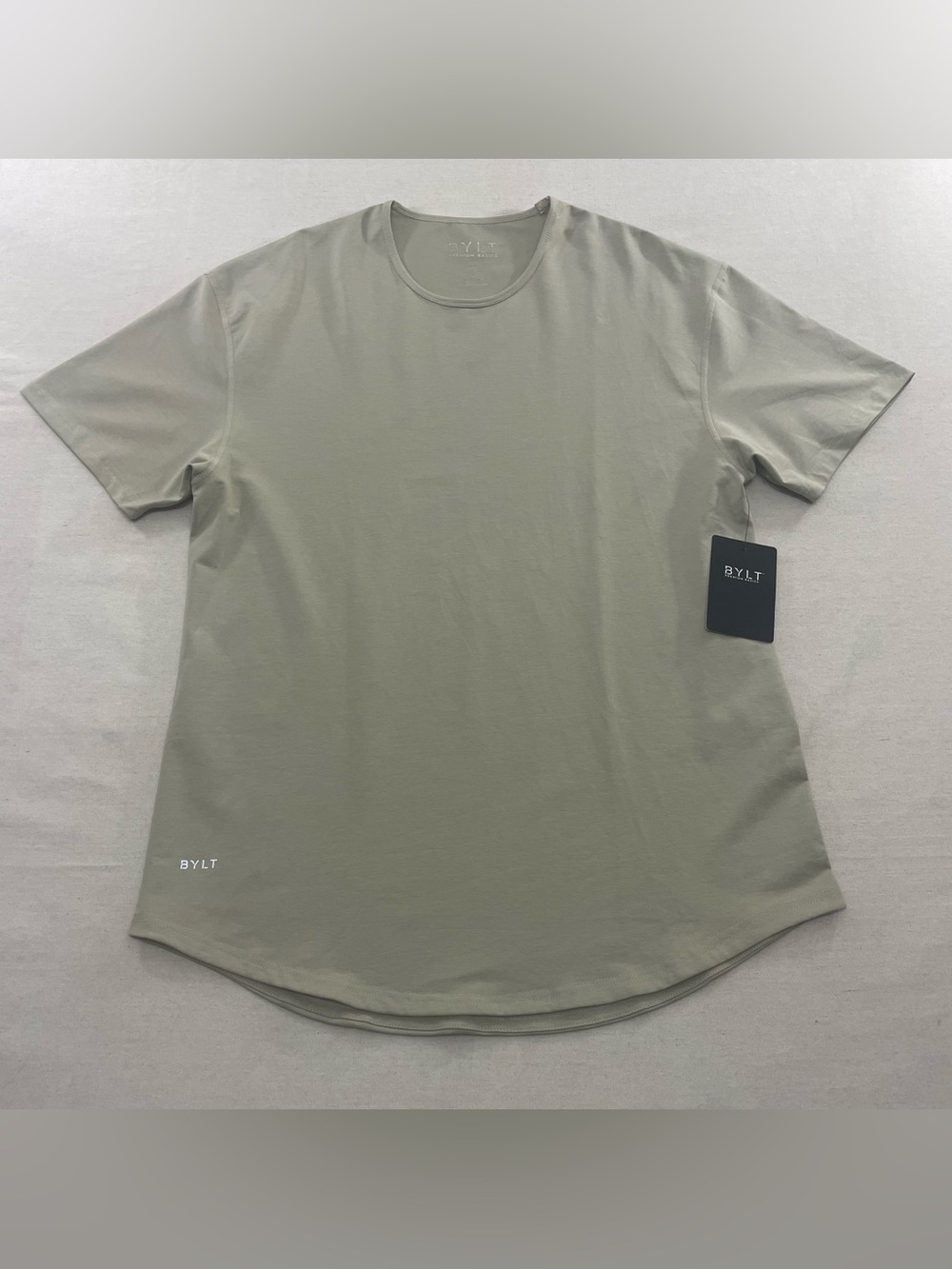 NWT BYLT Drop-Cut Lux Shirt Mens XL Dry Sage Premium Basics Curved Hem Tee Gym